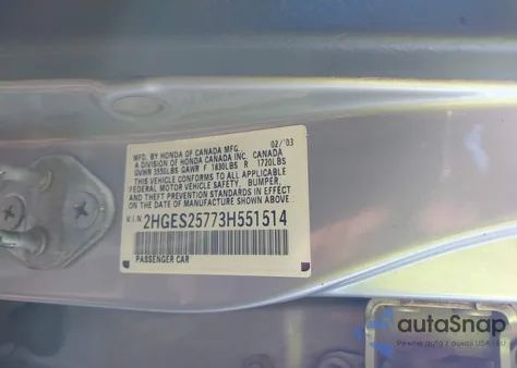 2003 Honda Civic Ex from USA, damaged, VIN 2HGES25773H551514